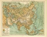 Farbige Lithographie aus dem Jahr 1891 zeigt eine Landkarte von Asien im Maßstab 1 zu 48 Millionen mit Höhenschichten.