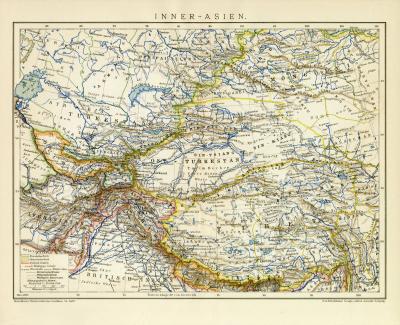 Farbige Lithographie aus dem Jahr 1891 zeigt eine Landkarte von Innerasien im Maßstab 1 zu 14 Millionen.
