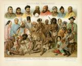 Farbige Chromolithographie aus 1891 zeigt die nach damaliger Zeit kategorisierten asiatischen Völkertypen.