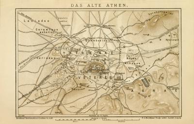 Farbige Lithographie aus dem Jahr 1891 zeigt eine Karte des alten Athen im Maßstab 1 zu 20.000.