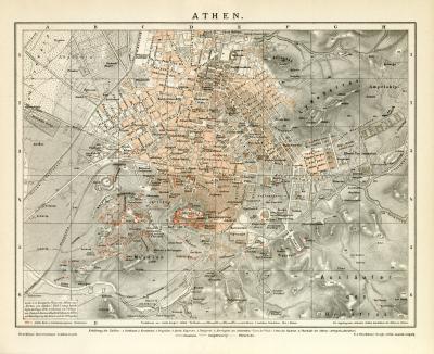 Athen historischer Stadtplan Karte Lithographie ca. 1892