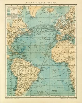 Atlantischer Ocean Karte Lithographie 1899 Original der Zeit