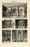 Stich aus 1893 zeigt architektonische Ansichten 5 verschiedener Bäder. Die Rückseite zeigt Grundrisse und Ansichten verschiedener Bäder.