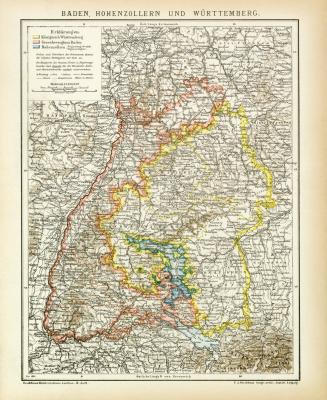 Farbige Lithographie aus dem Jahr 1891 zeigt eine Landkarte von Baden, Hohenzollern und Württemberg im Maßstab 1 zu 1.250.000.