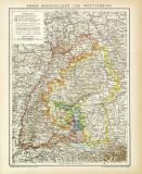 Baden Hohenzollern und Württemberg historische Landkarte Lithographie ca. 1898