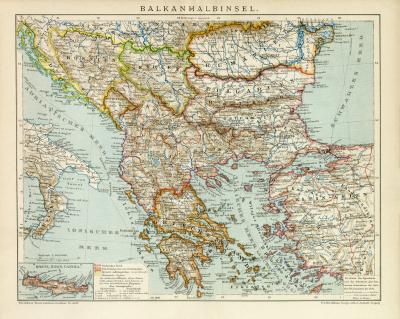 Farrbige Lithographie zeigt eine Landkarte der Balkanhalbinsel im Maßstab 1 zu 5 Millionen.