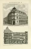 Bankgebäude I. - II. historische Bildtafel Holzstich...