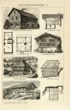 Stich aus 1893 zeigt architektonische Ansichten und Skizzen von 4 verschiedenen Bauernhäusern. Die Rückseite zeigt architektonische Ansichten und Skizzen von 5 verschiedenen Bauernhäusern.