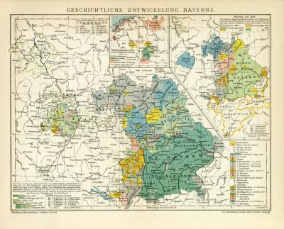 Farbige Lithographie aus dem Jahr 1891 zeigt Karten zur historischen Entwicklung Bayerns.