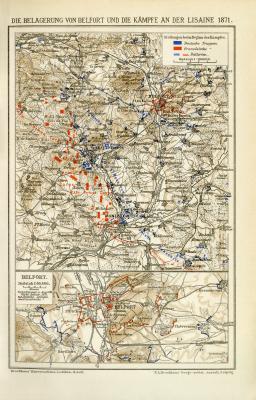 Farbige Lithographie aus dem Jahr 1891 zeigt Karten zu der Belagerung von Belfort und den Kämpfen an der Lisaine im Deutsch Französischen Krieg 1871.