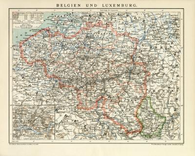 Belgien und Luxemburg Karte Lithographie 1898 Original der Zeit