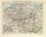 Farbige Lithographie aus dem Jahr 1891 zeigt eine Landkarte von Belgien und Luxemburg im Maßstab 1 zu 1.250.000.