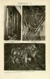 Der Holzstich aus dem Jahr 1891 zeigt 3 Szenen Untertage...