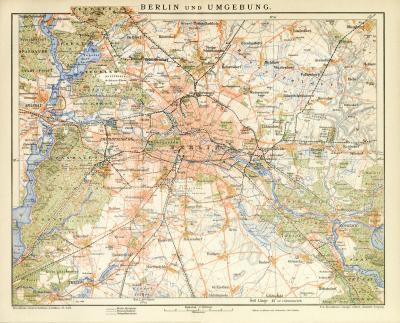 Berlin und Umgebung Stadtplan Lithographie 1899 Original der Zeit