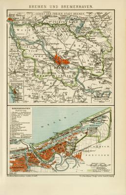 Bremen und Bremerhaven historischer Stadtplan Karte Lithographie ca. 1897