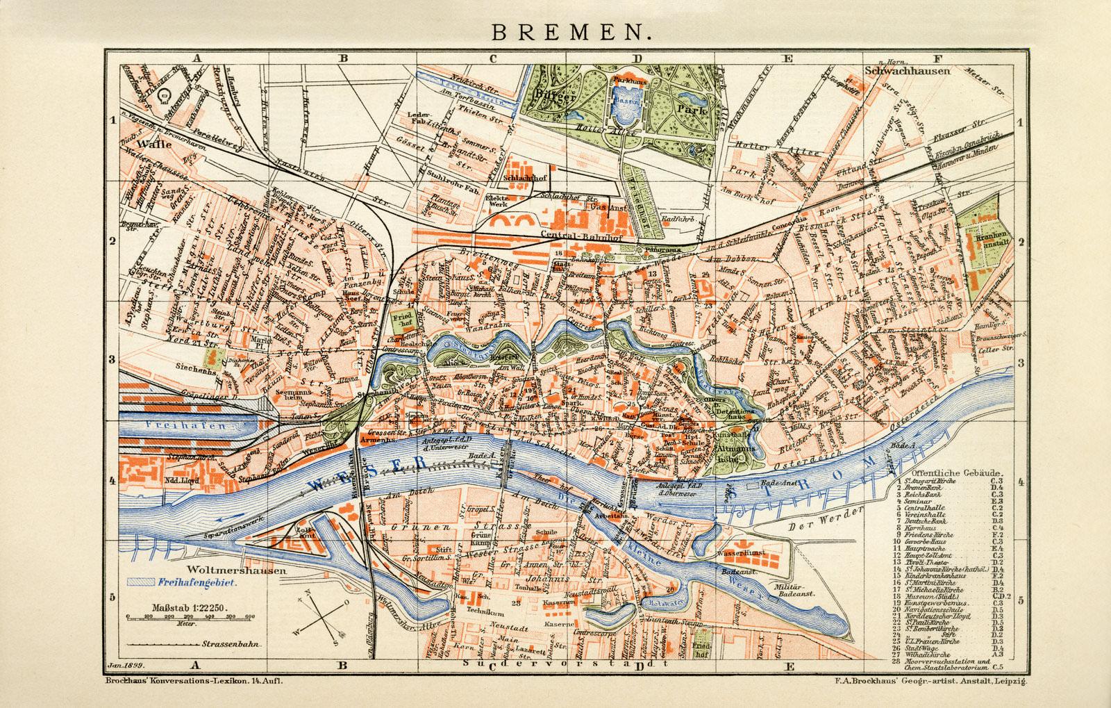 1904 antike Stadtkarte Bremen historischer Stadtplan Karte Lithographie ca 