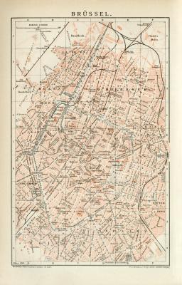 Brüssel historischer Stadtplan Karte Lithographie ca. 1899