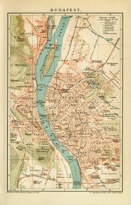 Budapest historischer Stadtplan Karte Lithographie ca. 1899