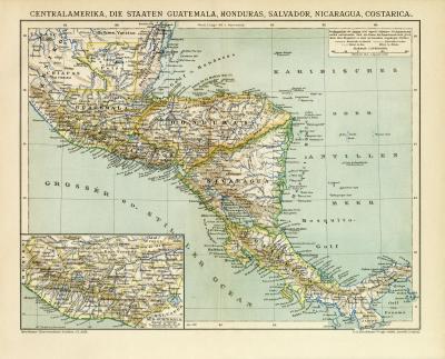 Zentralamerika Karte Lithographie 1899 Original der Zeit