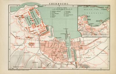 Cherbourg historischer Stadtplan Karte Lithographie ca. 1899