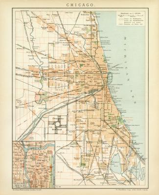 Chicago Stadtplan Lithographie 1899 Original der Zeit
