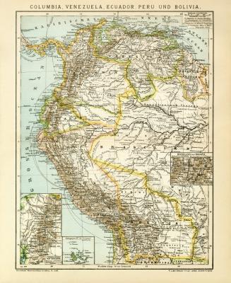Kolumbien Venezuela Ecuador Peru Bolivien Karte Lithographie 1899 Original der Zeit