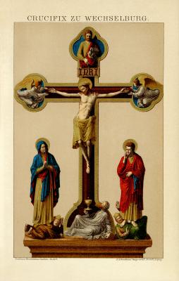 Kruzifix zu Wechselburg Chromolithographie 1891 Original der Zeit