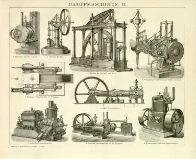 Dampfmaschinen I. - III. Holzstich 1891 Original der Zeit