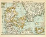 Dänemark und Südschweden historische Landkarte Lithographie ca. 1899