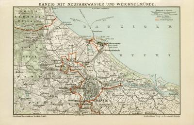 Danzig Stadtplan Lithographie 1900 Original der Zeit
