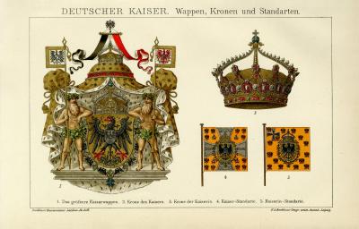 Deutscher Kaiser Wappen Krone Standarten Chromolithographie 1891 Original der Zeit