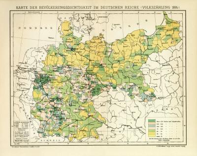 Deutsches Reich Bev&ouml;lkerung Karte Lithographie 1899 Original der Zeit