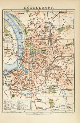 Düsseldorf historischer Stadtplan Karte Lithographie ca. 1899