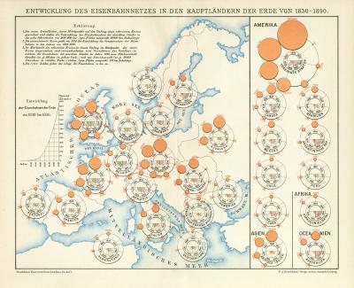 Eisenbahnnetze der Erde Lithographie 1899 Original der Zeit