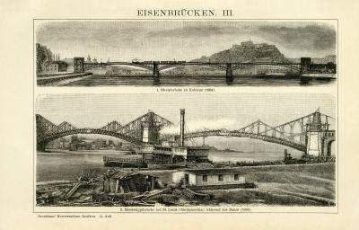 Eisenbr&uuml;cken III. Holzstich 1891 Original der Zeit