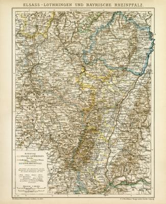 Elsass Lothringen Rheinpfalz Karte Lithographie 1899 Original der Zeit