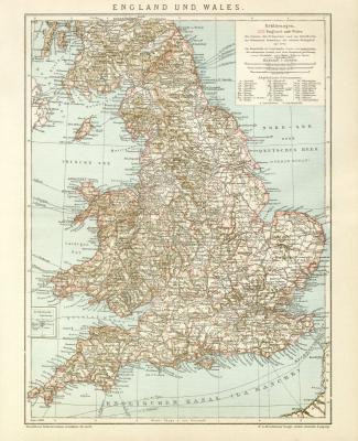 England und Wales Karte Lithographie 1899 Original der Zeit