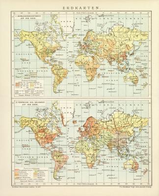 Erdkarten Karte Lithographie 1892 Original der Zeit