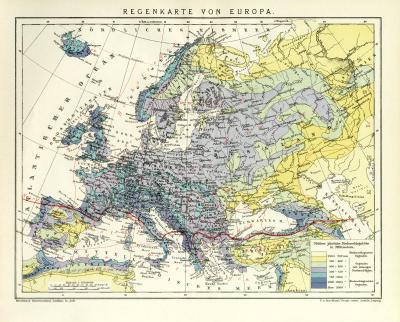Europa Regenkarte Karte Lithographie 1892 Original der Zeit