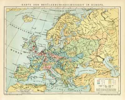 Karte der Bevölkerungsdichtigkeit in Europa historische Landkarte Lithographie ca. 1899
