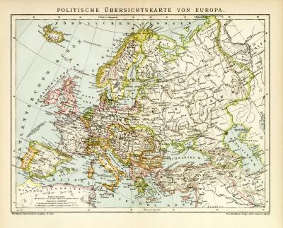 Europa politische Karte Lithographie 1899 Original der Zeit
