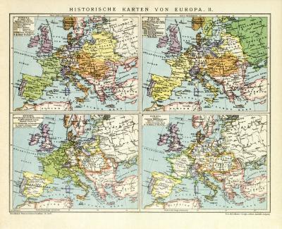 Europa Historische II. Karte Lithographie 1892 Original der Zeit