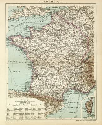 Frankreich Karte Lithographie 1899 Original der Zeit