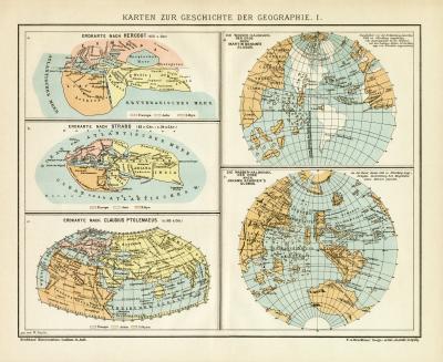 Geschichte der Geographie I. Karte Lithographie 1892 Original der Zeit