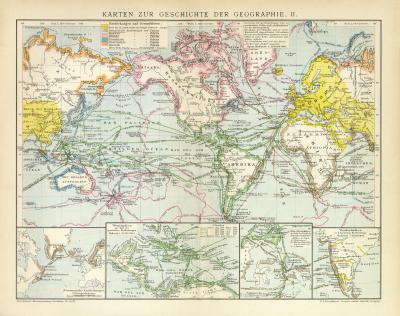 Geschichte der Geographie II. Karte Lithographie 1892 Original der Zeit