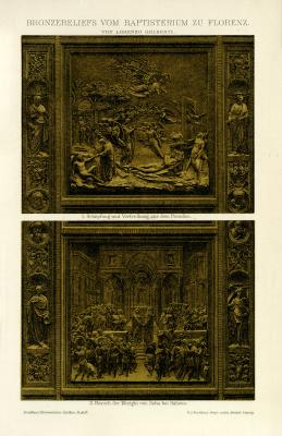 Bronzereliefs vom Baptisterium zu Florenz von Lorenzo Ghiberti historische Bildtafel Chromolithographie ca. 1892