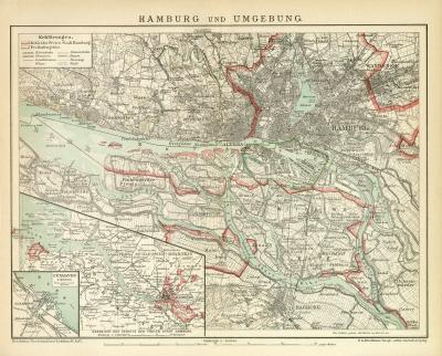 Hamburg und Umgebung Stadtplan Lithographie 1899 Original der Zeit