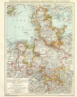 Hannover Schleswig-Holstein Braunschweig und Oldenburg historische Landkarte Lithographie ca. 1898