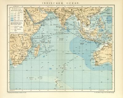 Indischer Ozean Karte Lithographie 1899 Original der Zeit