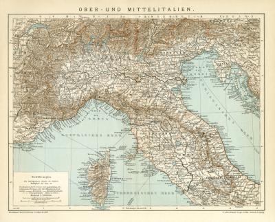 Ober Mittel Italien Karte Lithographie 1899 Original der Zeit